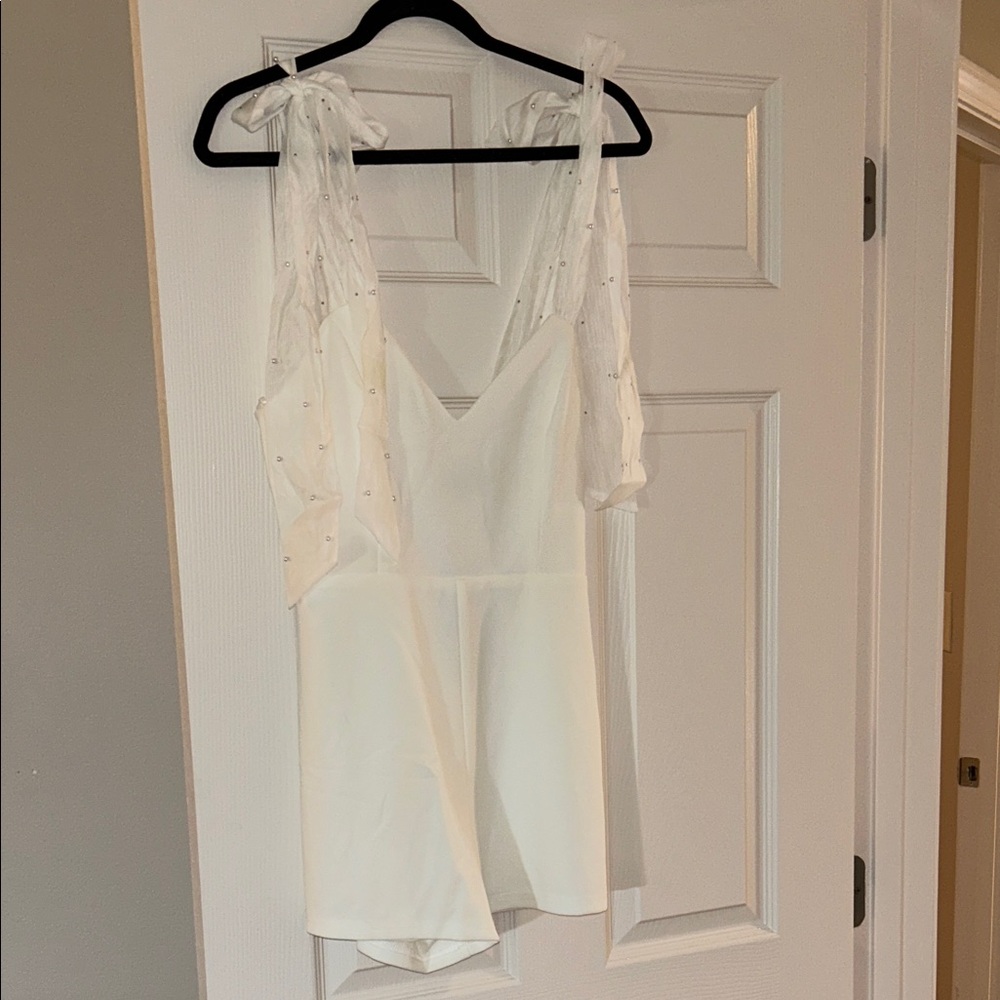 Lulu's White Romper with Sheer Sleeves